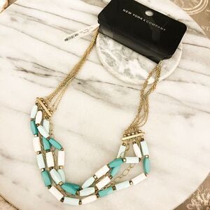New York & Company Necklace | Teal & White Acrylic | Rectangle Beads | Gold-Tone